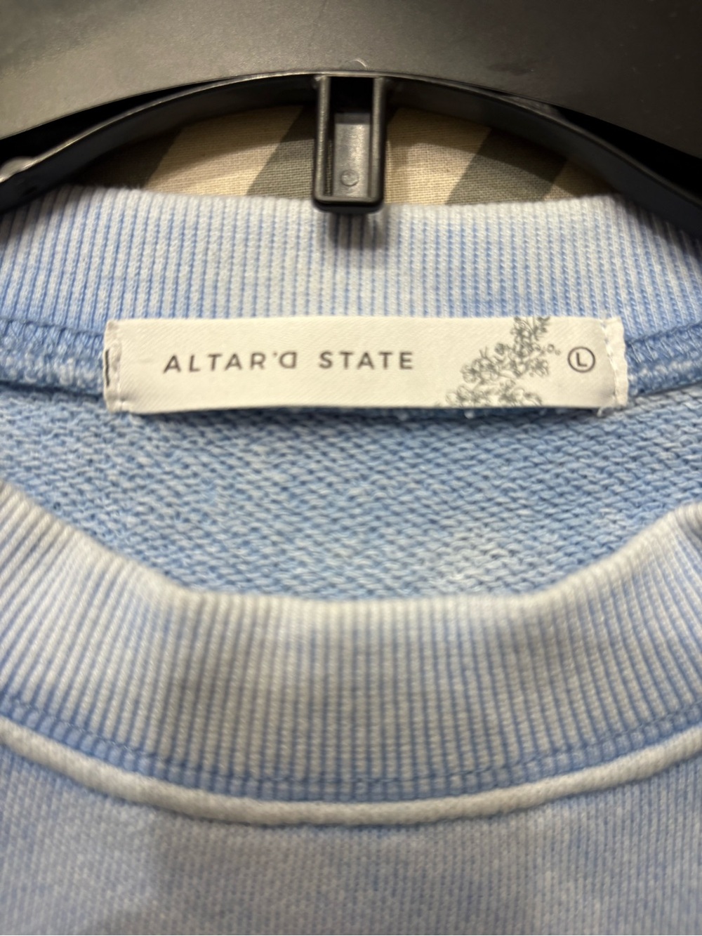Altar'd State Light Blue Cropped Sweatshirt with Crochet Sleeve Accents LARGE - Picture 6 of 7